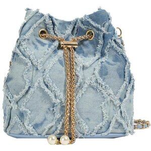 Light Blue Denim Drawstring Bucket Bag with Gold Chain